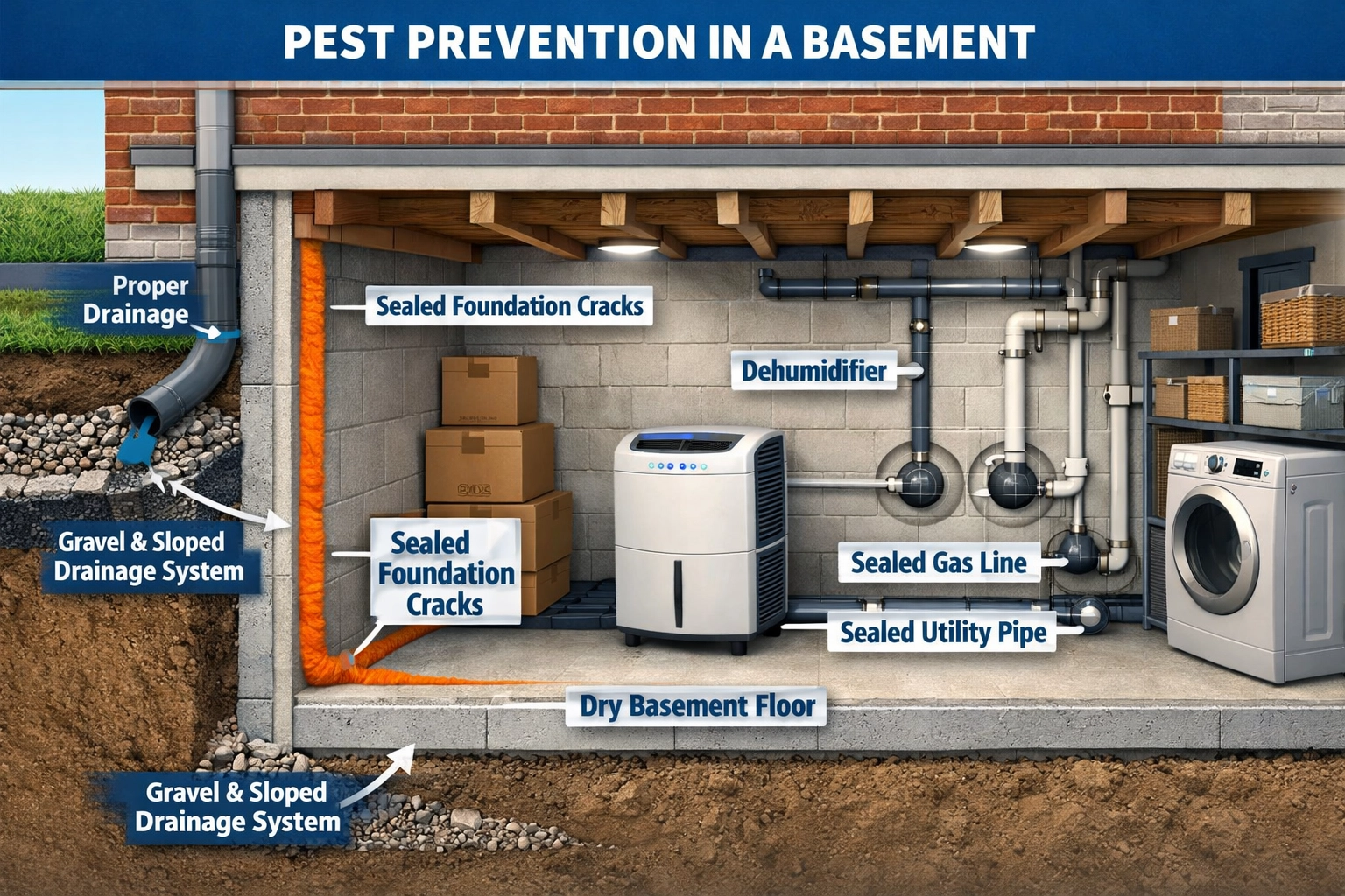Philadelphia basement showing sealed cracks and pest prevention measures for inspections
