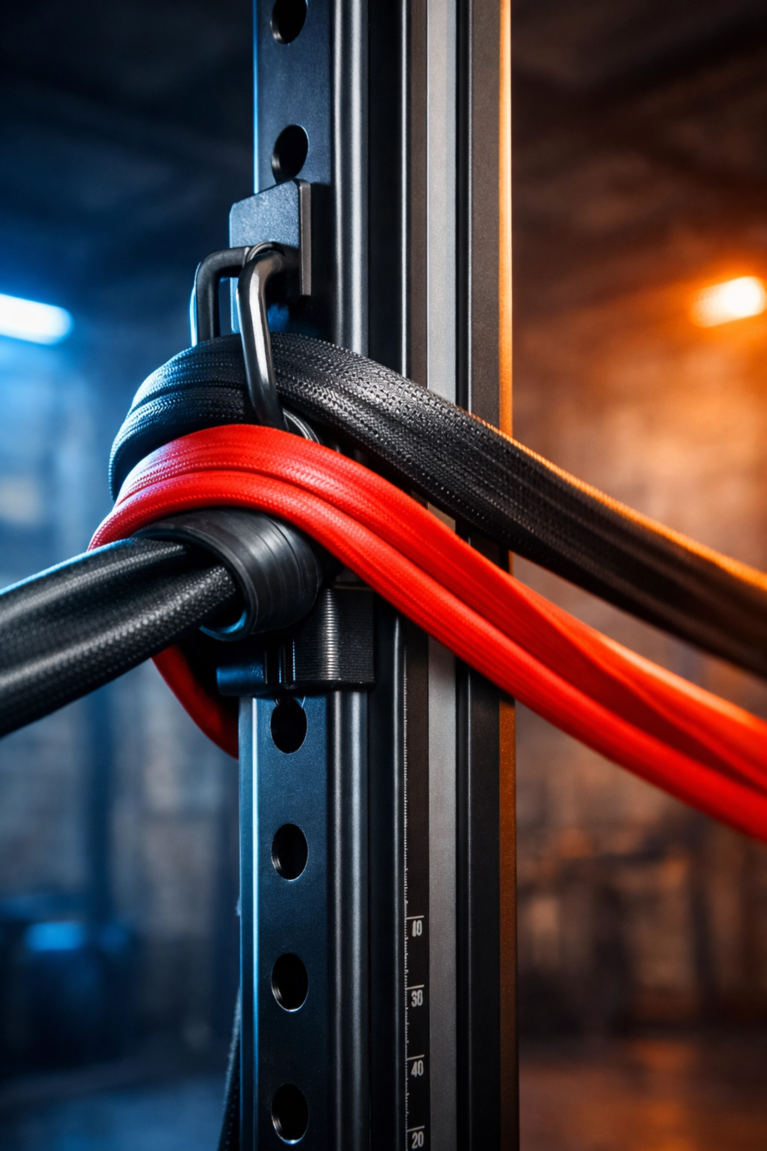 Heavy-duty resistance bands attached to a vertical rail for advanced resistance training at home.
