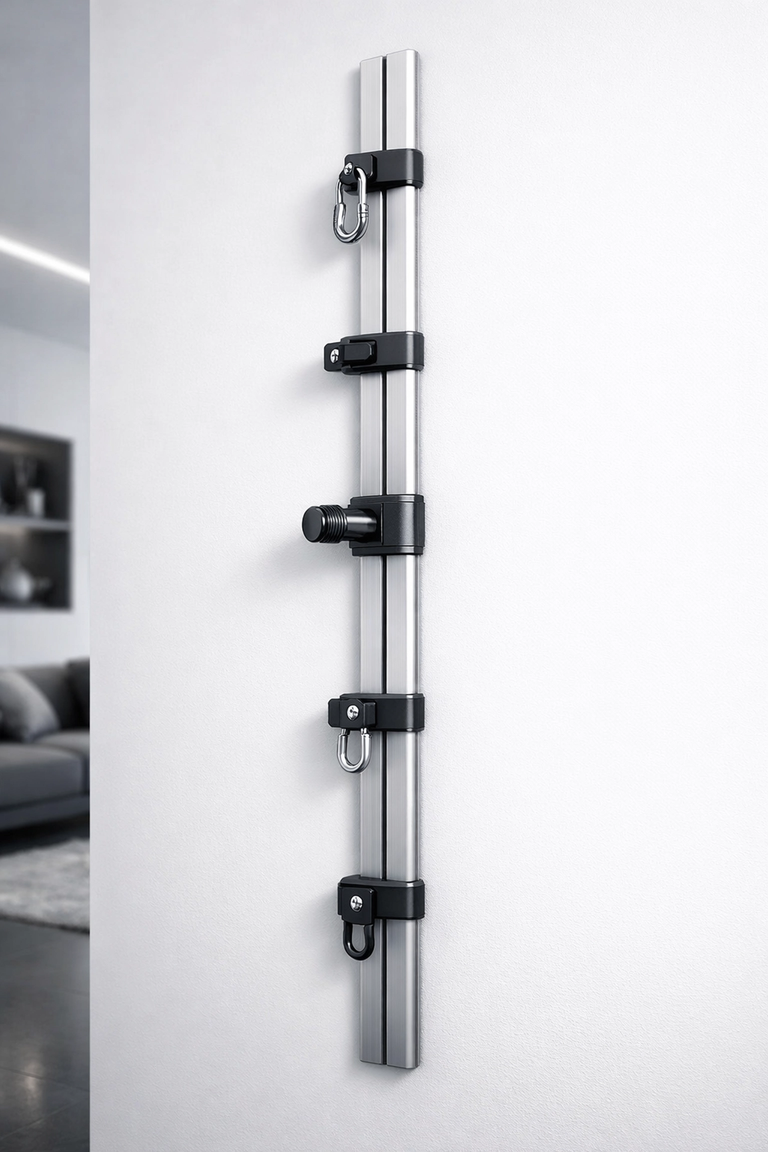 Space-saving wall-mounted rail system for a versatile home gym setup without wall damage.