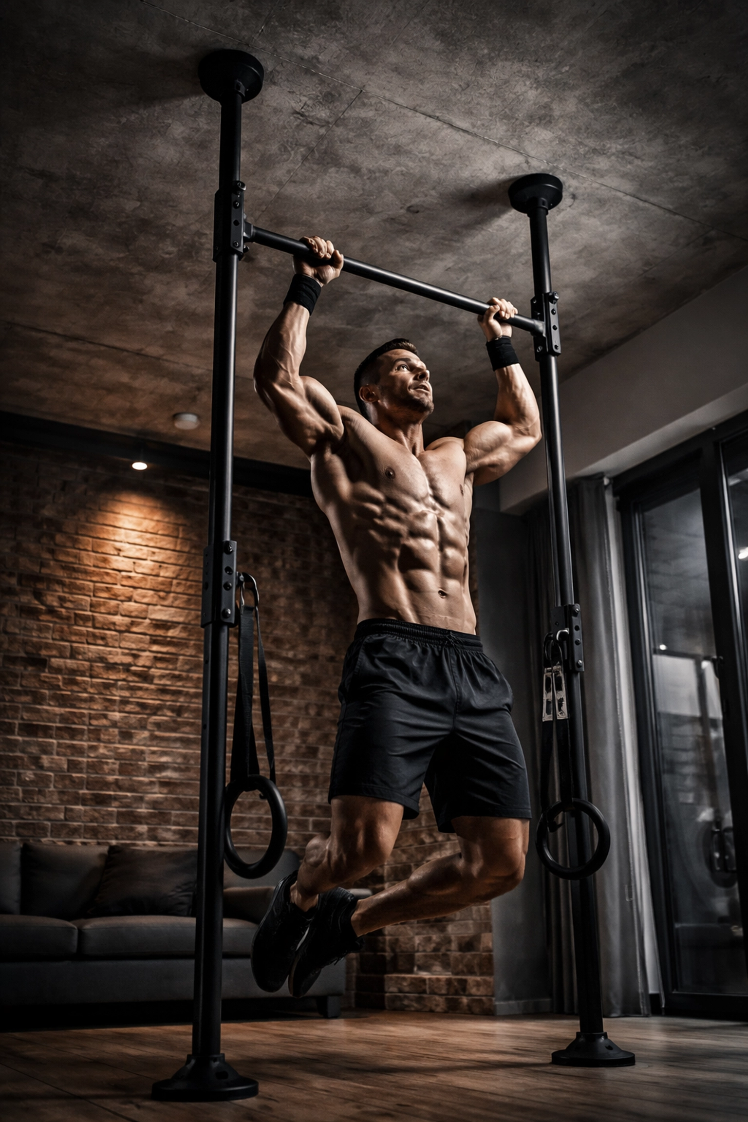 Athlete doing a pull-up on a floor-to-ceiling fitness rail in a loft, demonstrating a no wall damage home gym solution