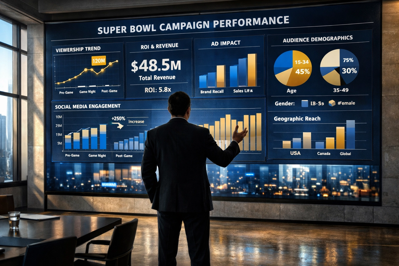 Executive analyzing Super Bowl campaign performance metrics on digital display wall