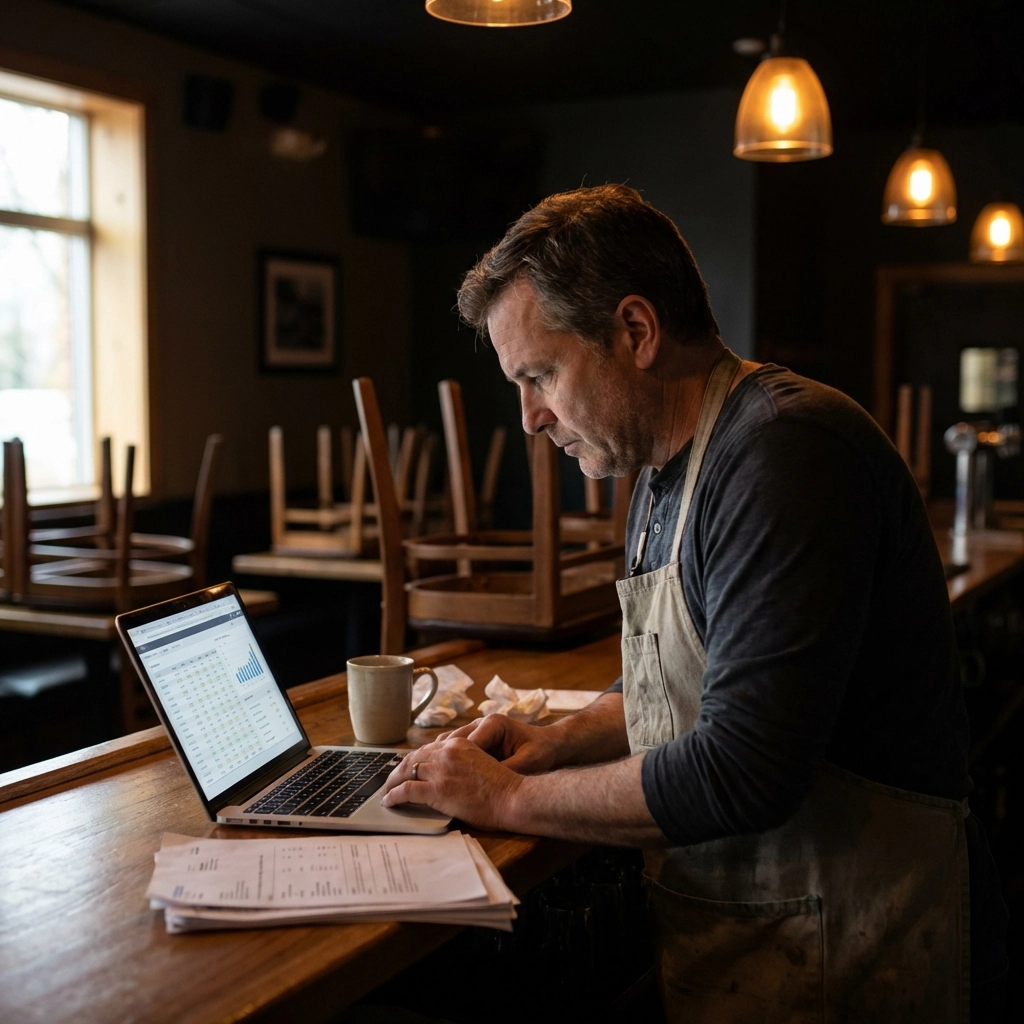 Restaurant owner reviewing finances alone at night, highlighting hospitality business challenges