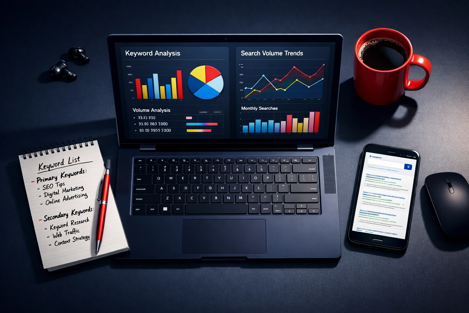 Keyword research workspace with SEO analytics and search volume data for small business optimization