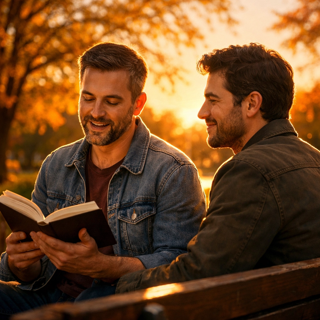 Two men reading LGBTQ+ romance book together on park bench at sunset