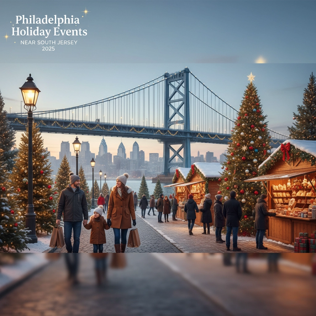 Festive Philadelphia skyline and holiday decorations, representing holiday events near South Jersey Festive Philadelphia skyline and holiday decorations, representing holiday events near South Jersey