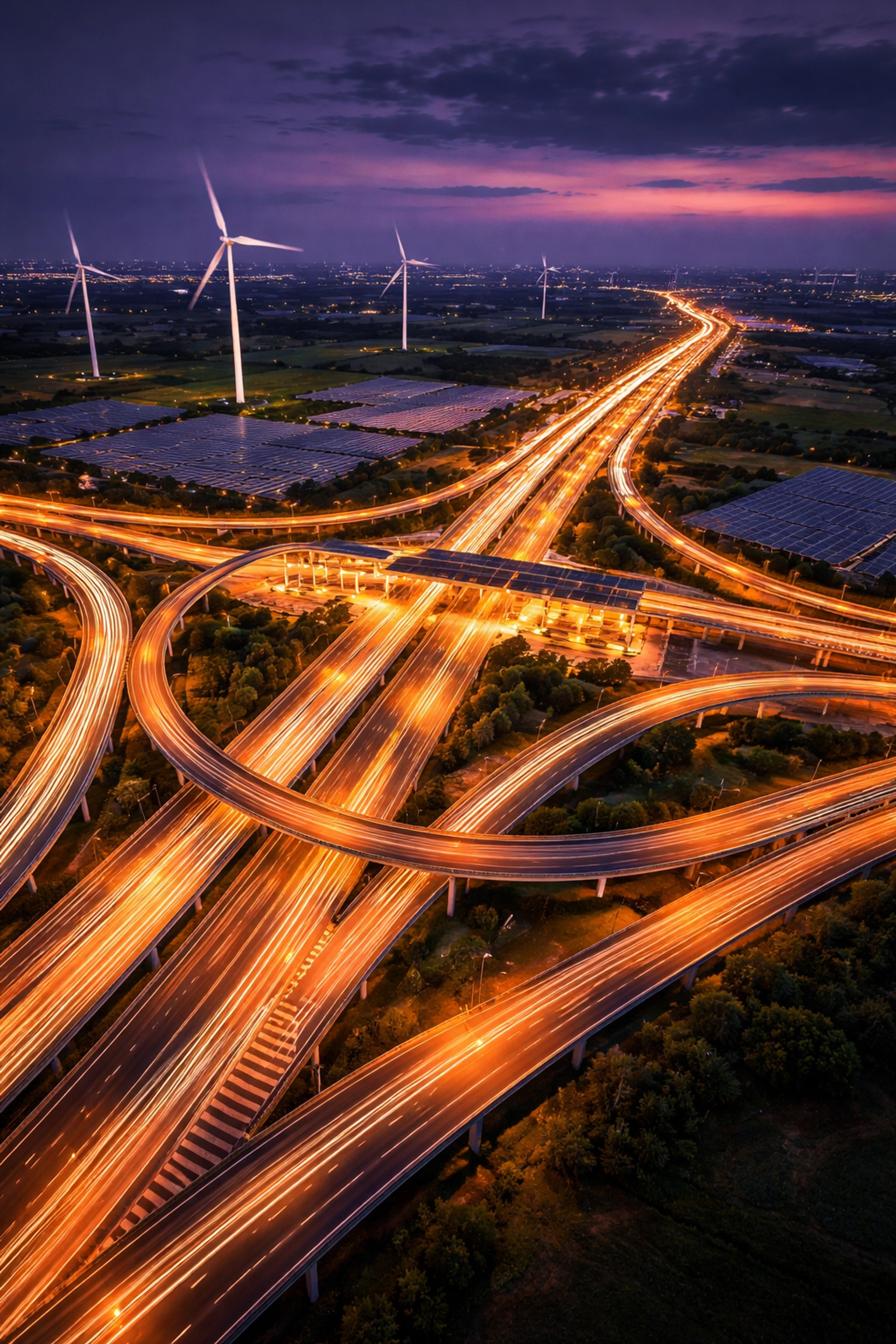 Aerial view of a toll road interchange and renewable energy, emphasizing infrastructure secondary investments for reliable cash flow.