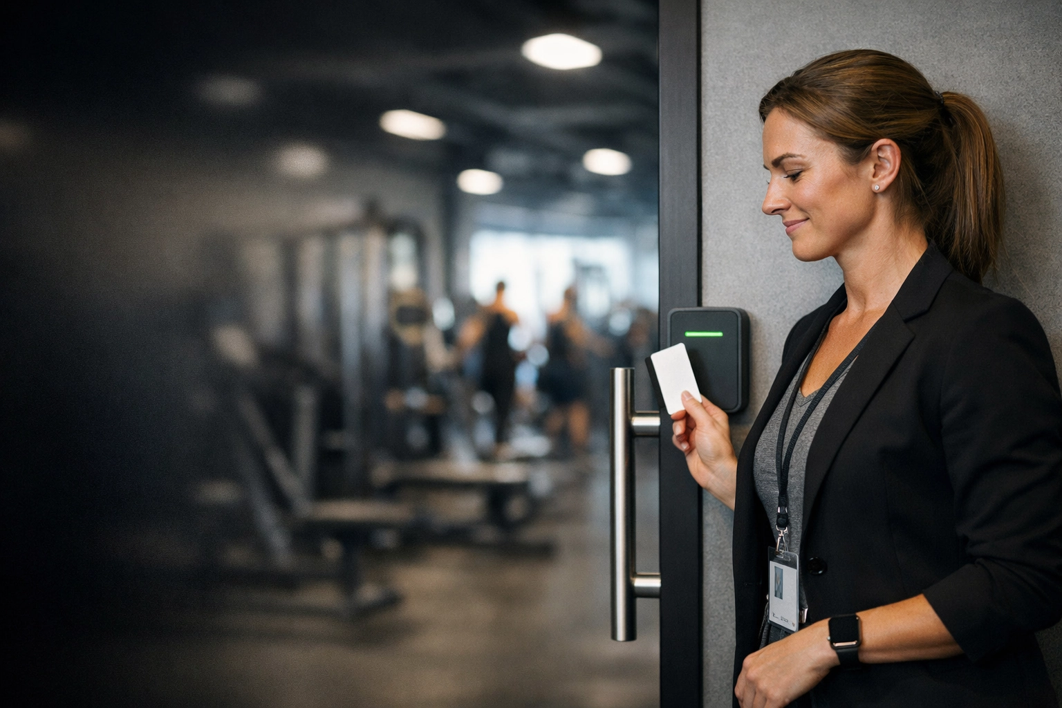 Lincoln Nebraska business manager using a modern access control reader for secure, license-free facility entry.