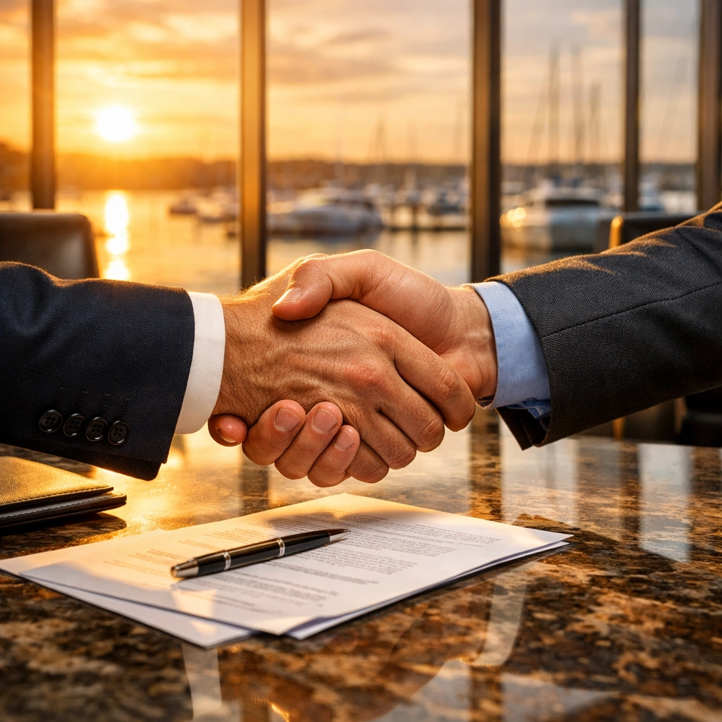 Business partners shaking hands after a successful valuation and agreement to sell a business.