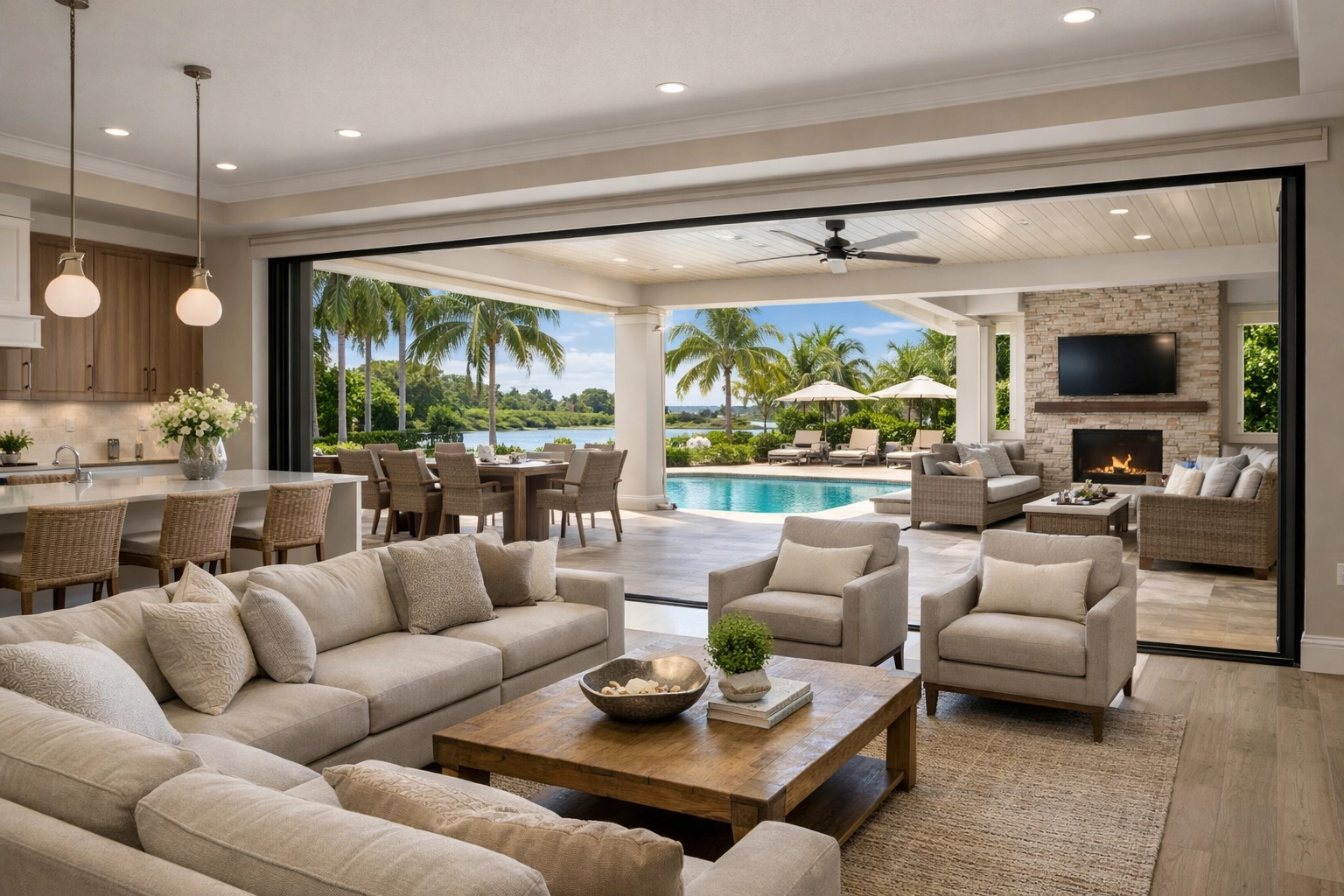 Open concept Orlando home with sliding doors connecting to outdoor patio and pool