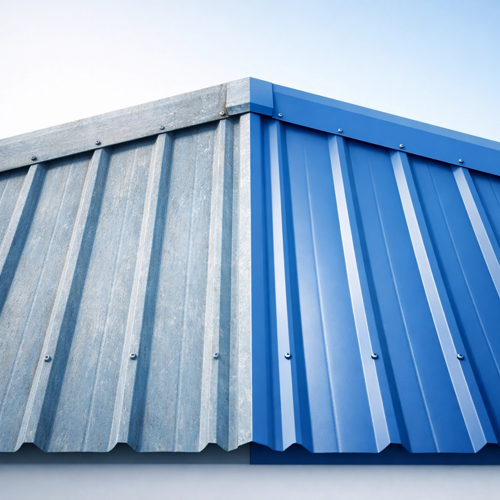 Before and after roof restoration showing the transition from salt-damaged tiles to a new protective waterproof coating.