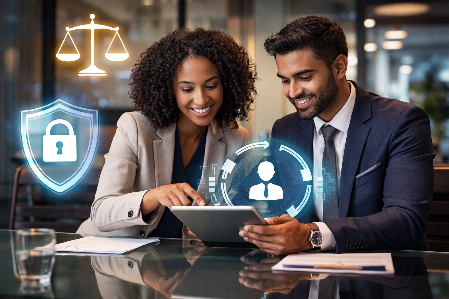 Business professionals collaborating on AI governance and human-in-the-loop oversight strategy