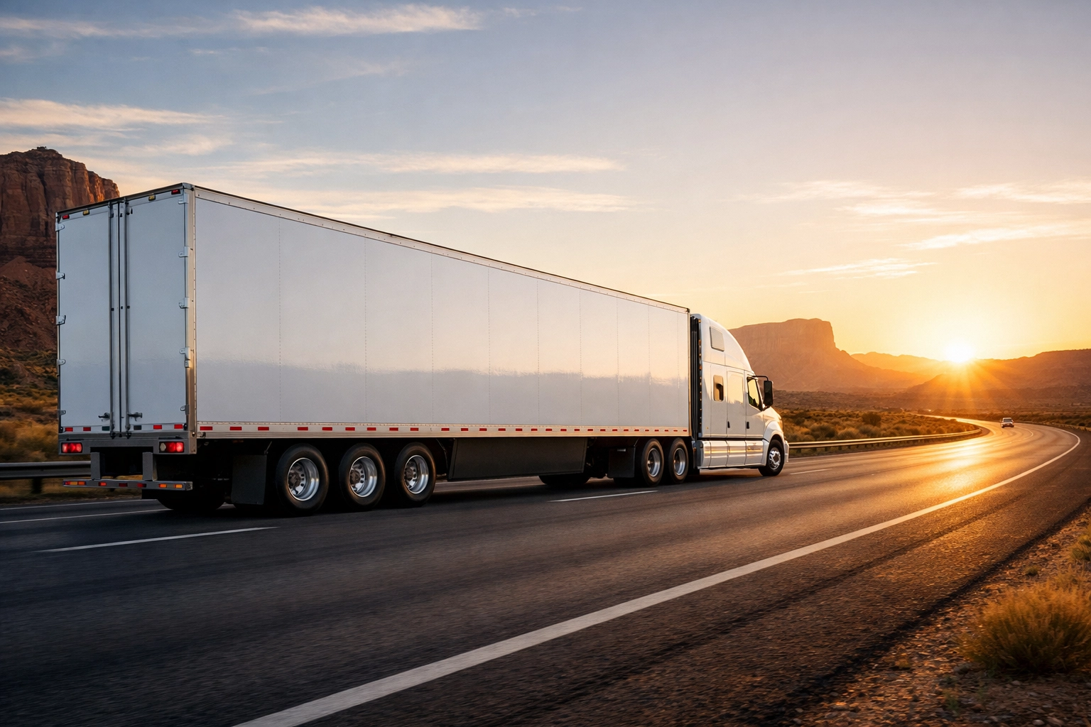A commercial semi-truck on a highway showcasing mobile advertising and transit media opportunities.