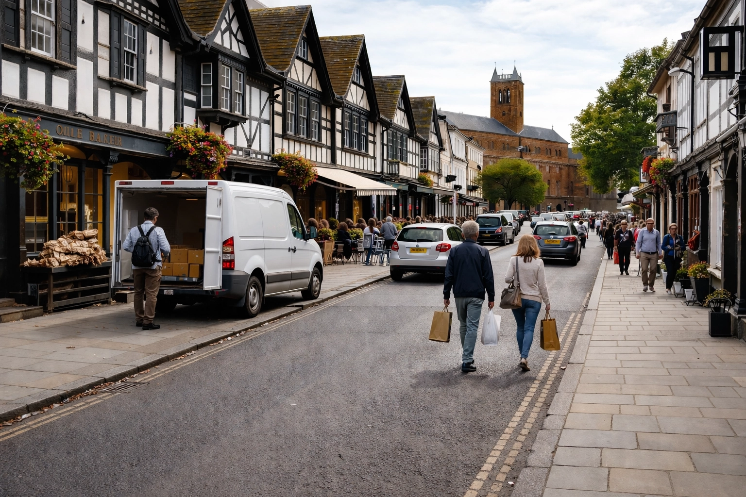 Golden hour street scene in Stratford-upon-Avon featuring busy shoppers, a delivery van, and the Royal Shakespeare Theatre, highlighting local traffic reality.