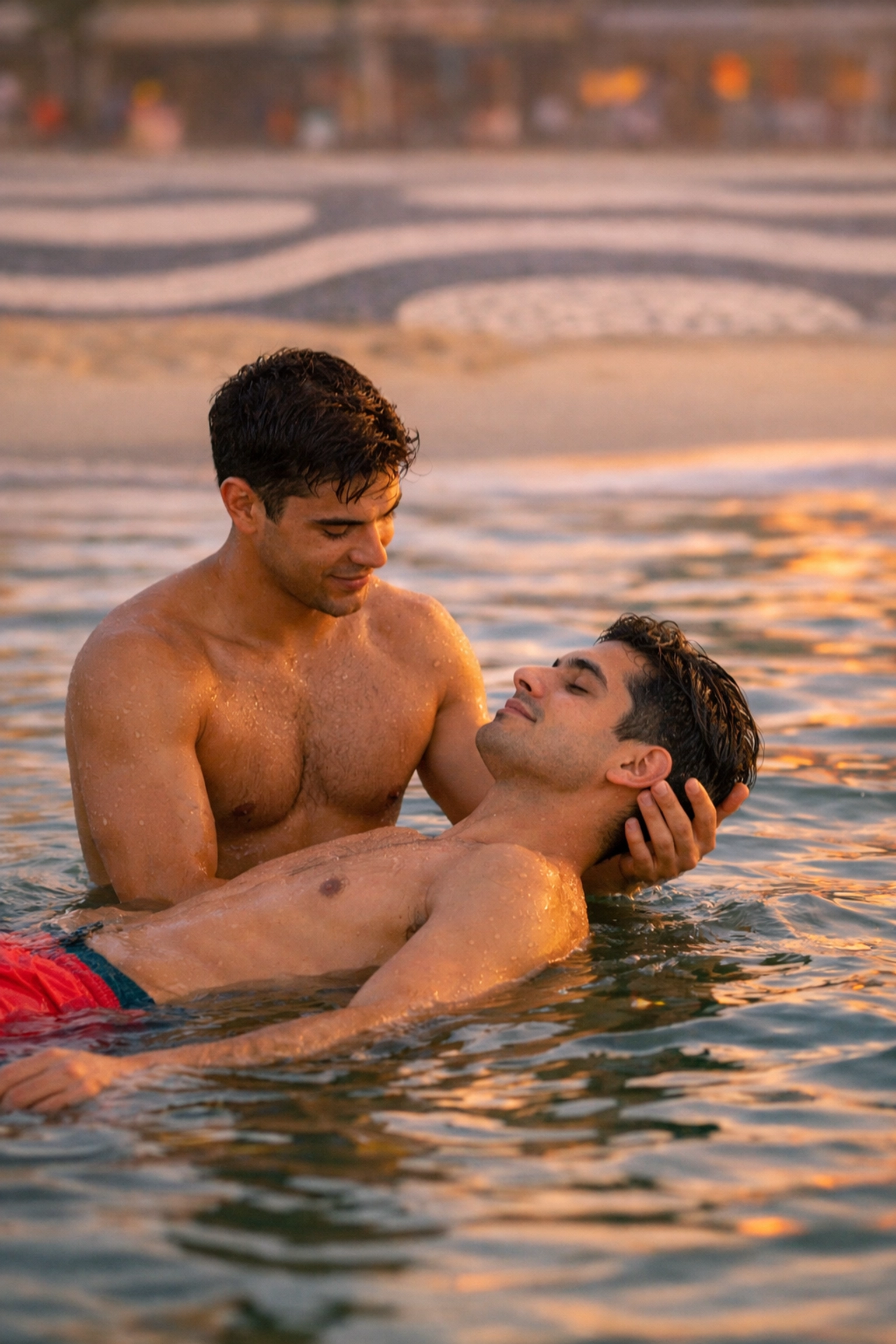 Two men swimming together at Copacabana Beach, Rio - LGBTQ+ swimming lesson and connection