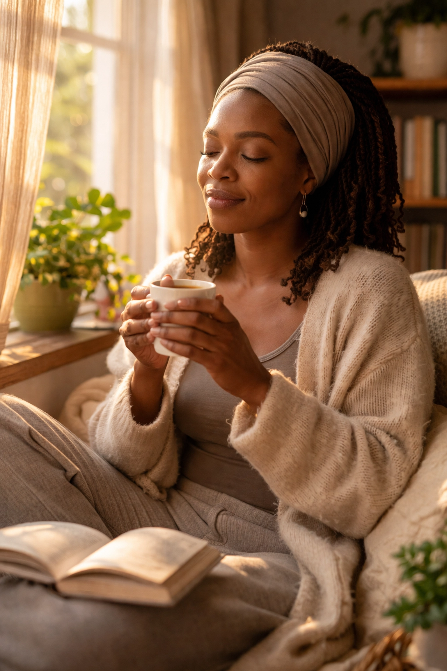 Nigerian woman with kinky twists relaxing in a sunlit nook, embracing self-care and friendship peace in her 40s.