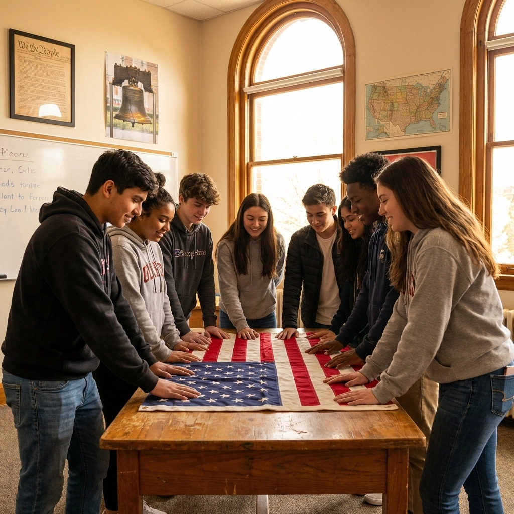 Diverse high school students study an American flag in a classroom exploring civic symbolism together