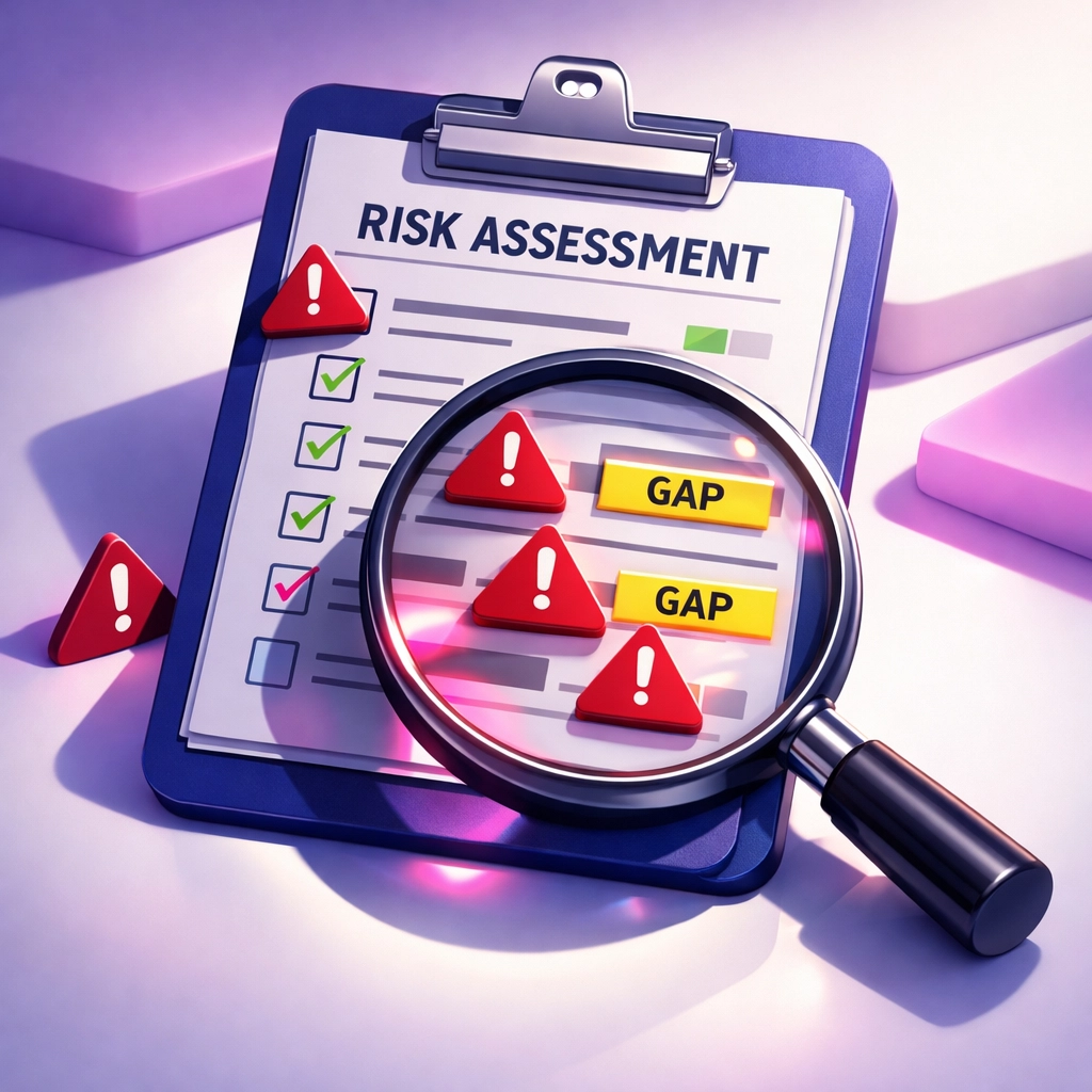 HSE inspector examining risk assessment form revealing compliance gaps and red flags