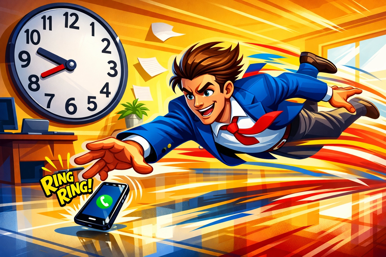 Illustration of rapid lead response time, showing a business owner quickly catching a phone call enquiry.