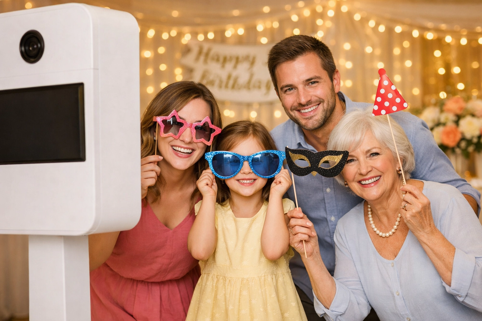 A family posing with props at a professional stand-alone photo booth rental in Kern County.