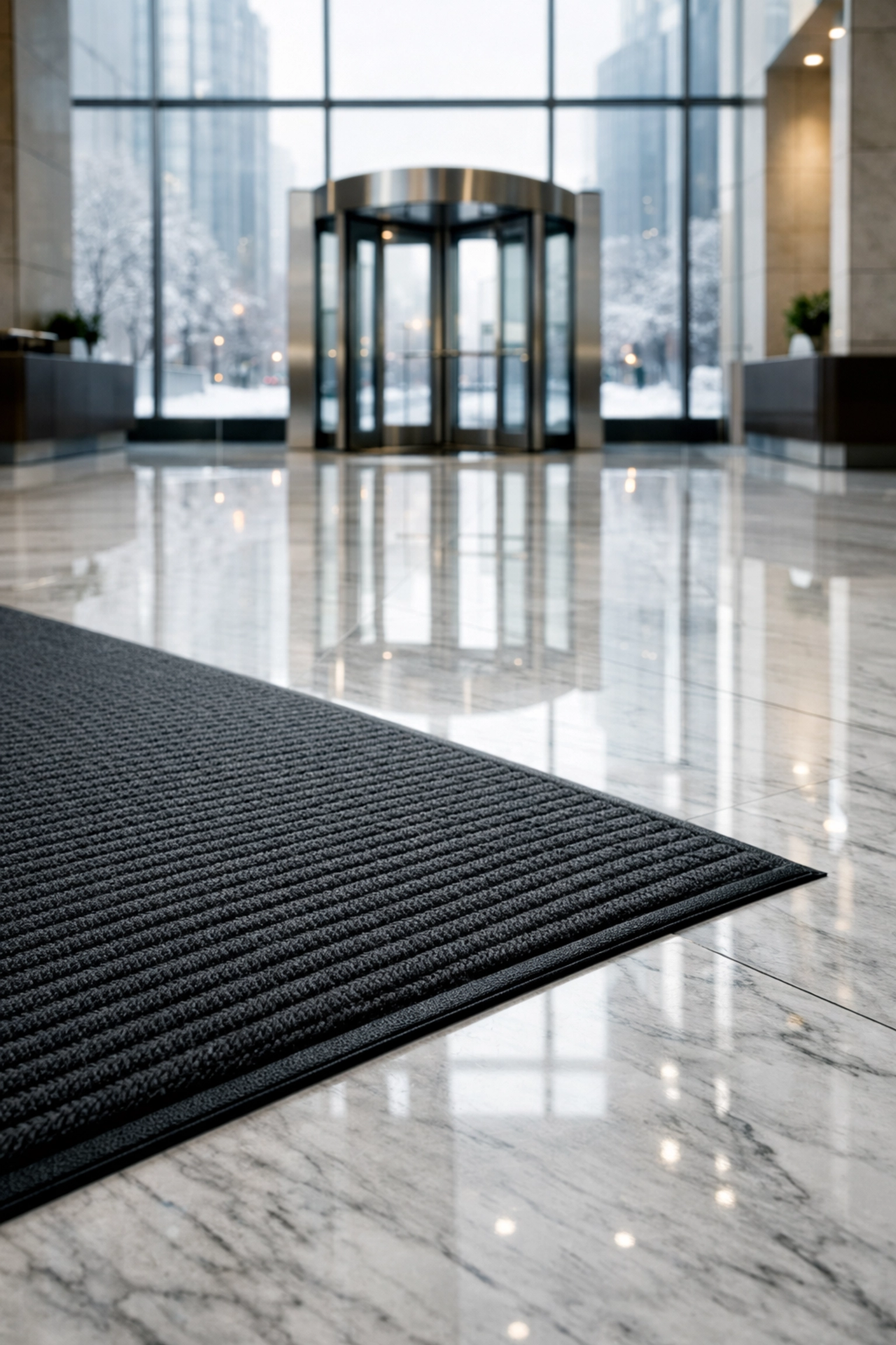 Professional walk-off mat on a clean marble floor in a Chicago corporate lobby preventing salt damage.