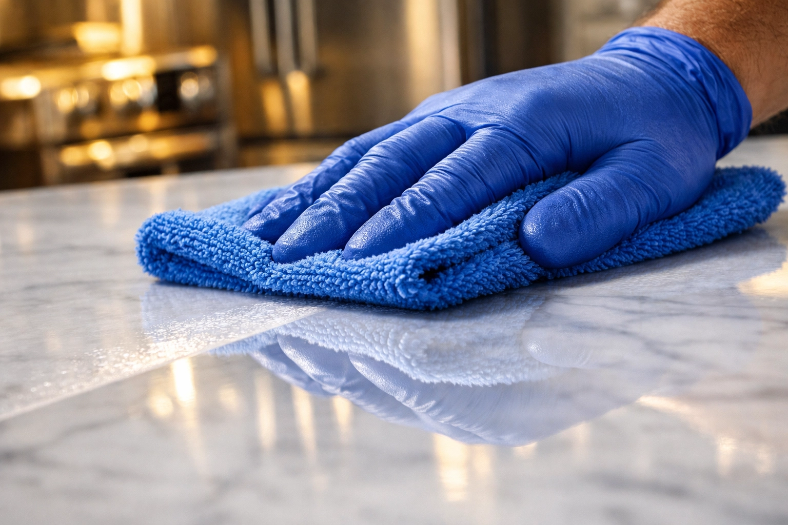 A professional cleaning team performs detailed post construction cleaning on a luxury marble kitchen island.