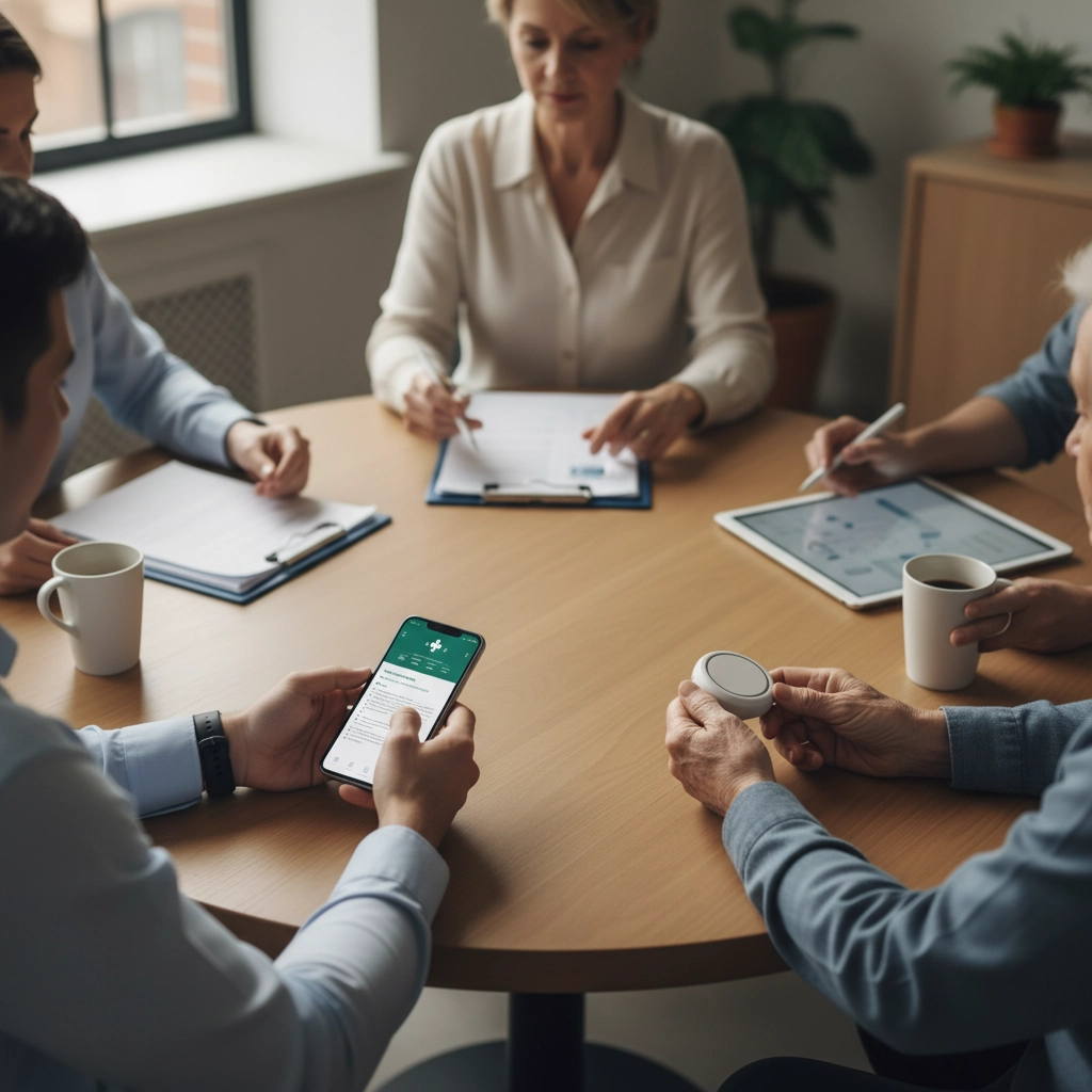 Five people in a meeting around a table with coffee cups, tablets, and notes. One checks a phone. The room has a calm, focused atmosphere.