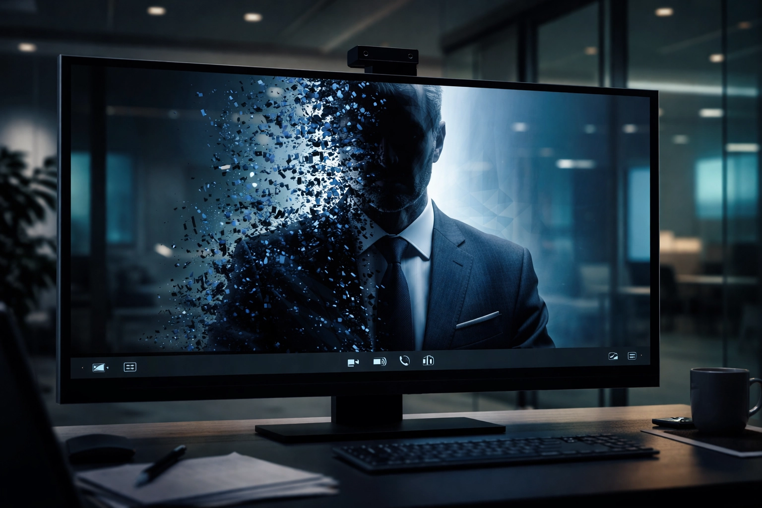 Corporate video call with a realistic deepfake impersonator, highlighting cybersecurity risks in the workplace