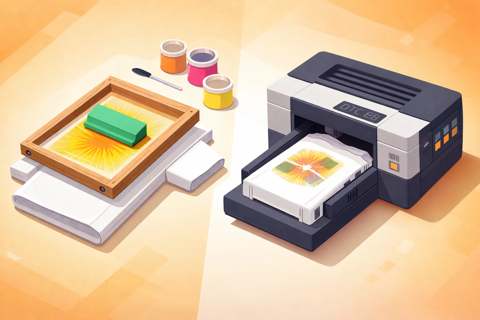 Side-by-side comparison of screen printing and direct-to-garment (DTG) methods for apparel production