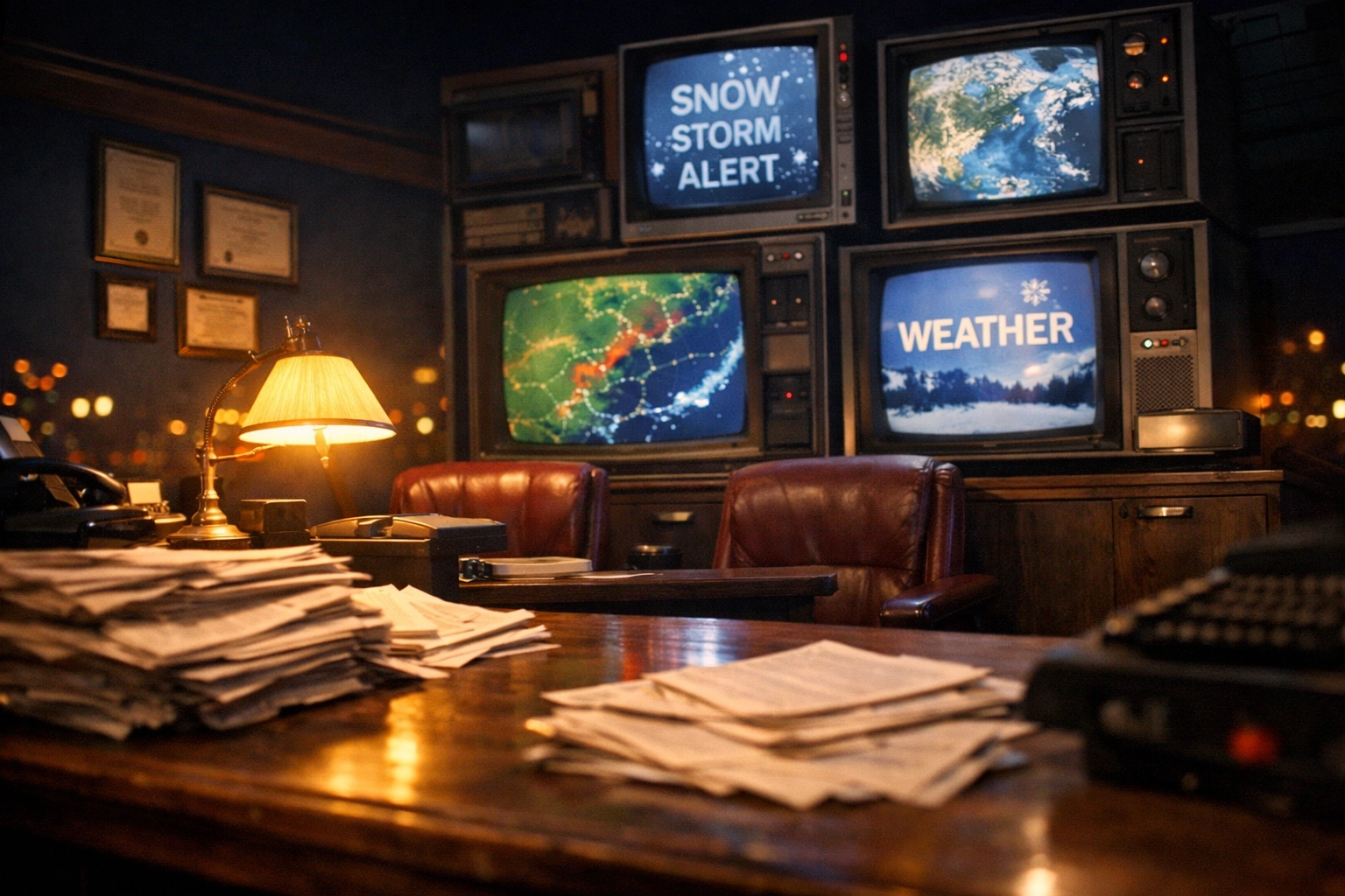 Vintage newsroom desk with news reports representing calm biblical news perspective