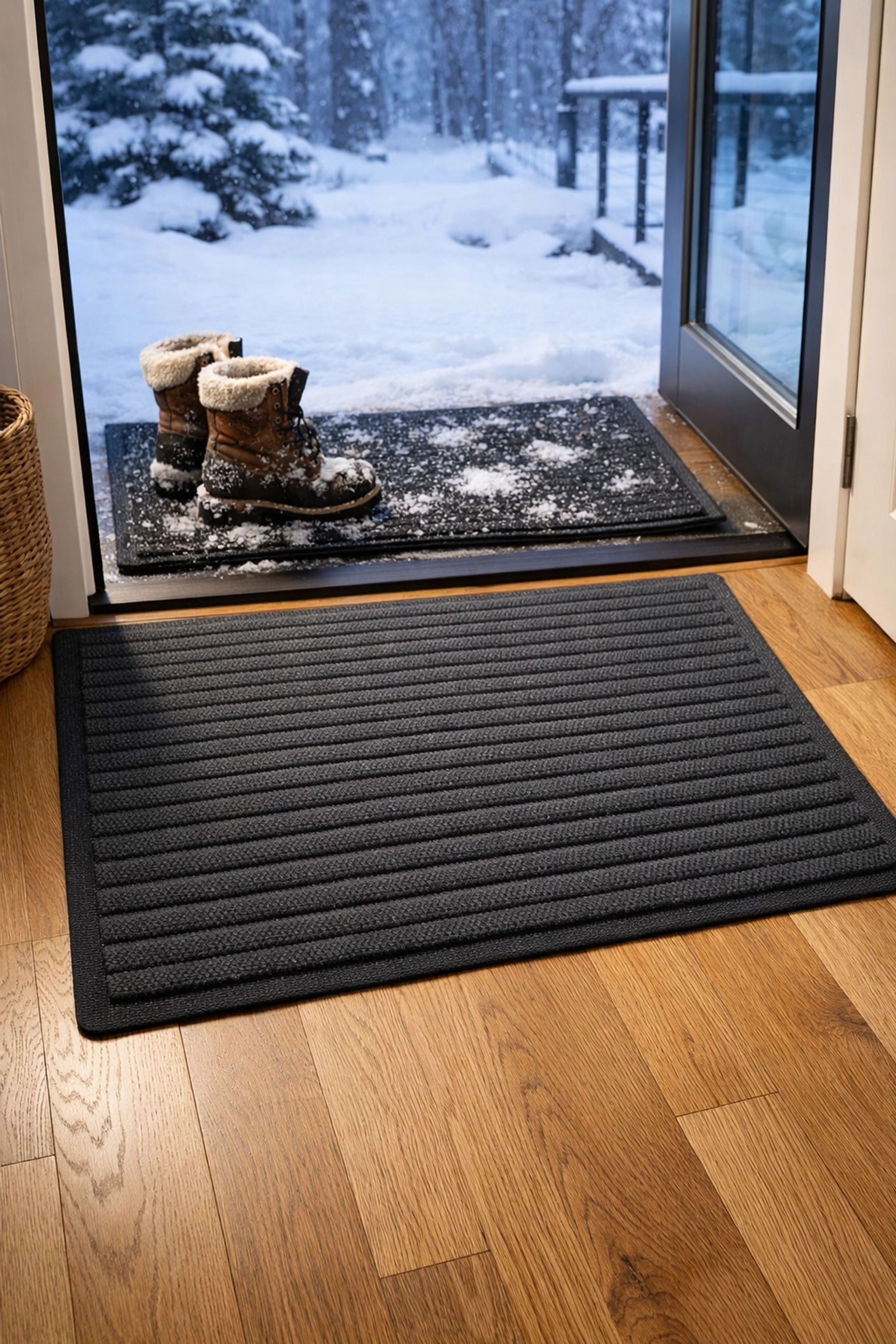 Two-mat entryway system protecting hardwood floors from winter salt and snow
