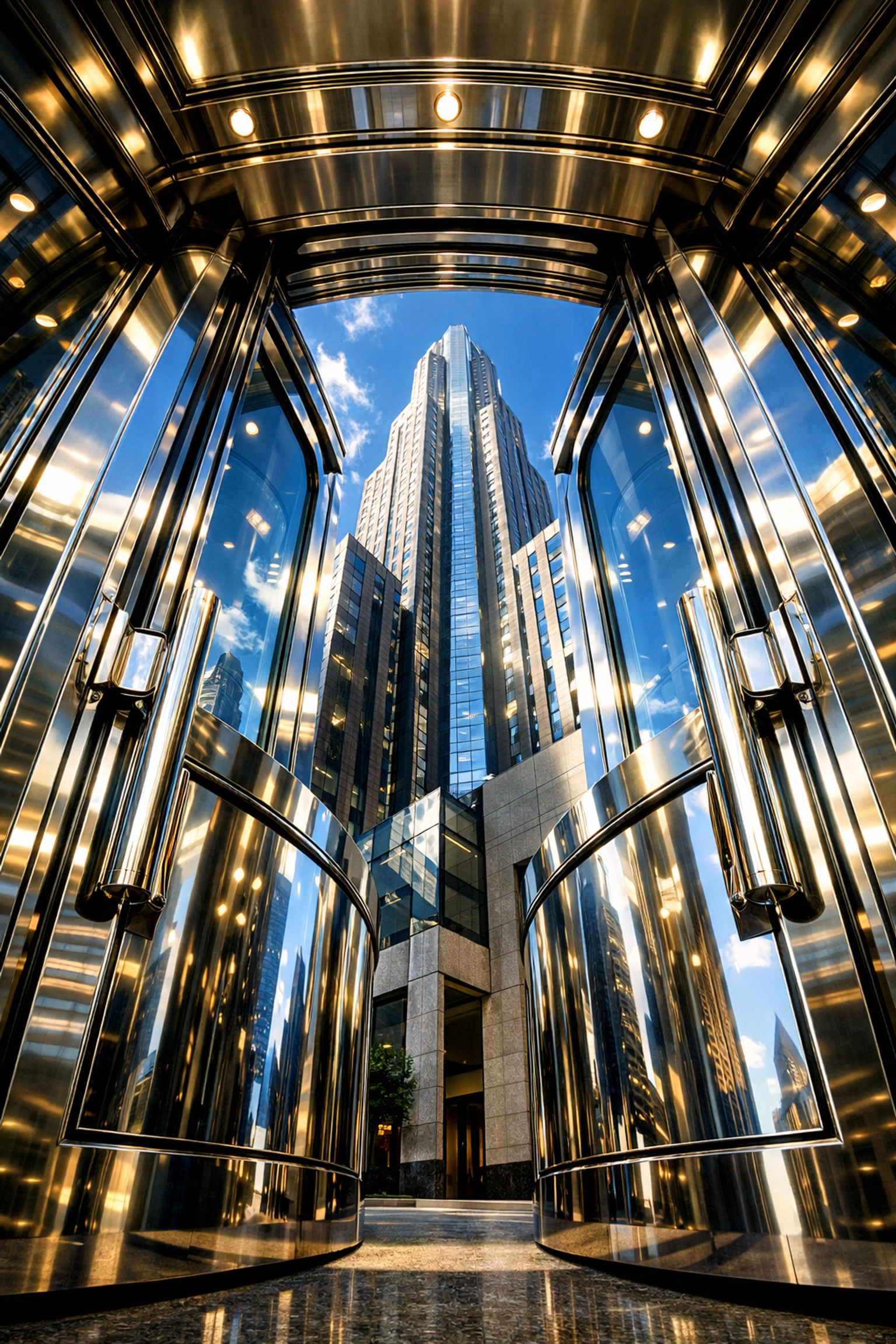 Polished skyscraper entrance doors showcasing the high-ROI results of professional metal restoration services.