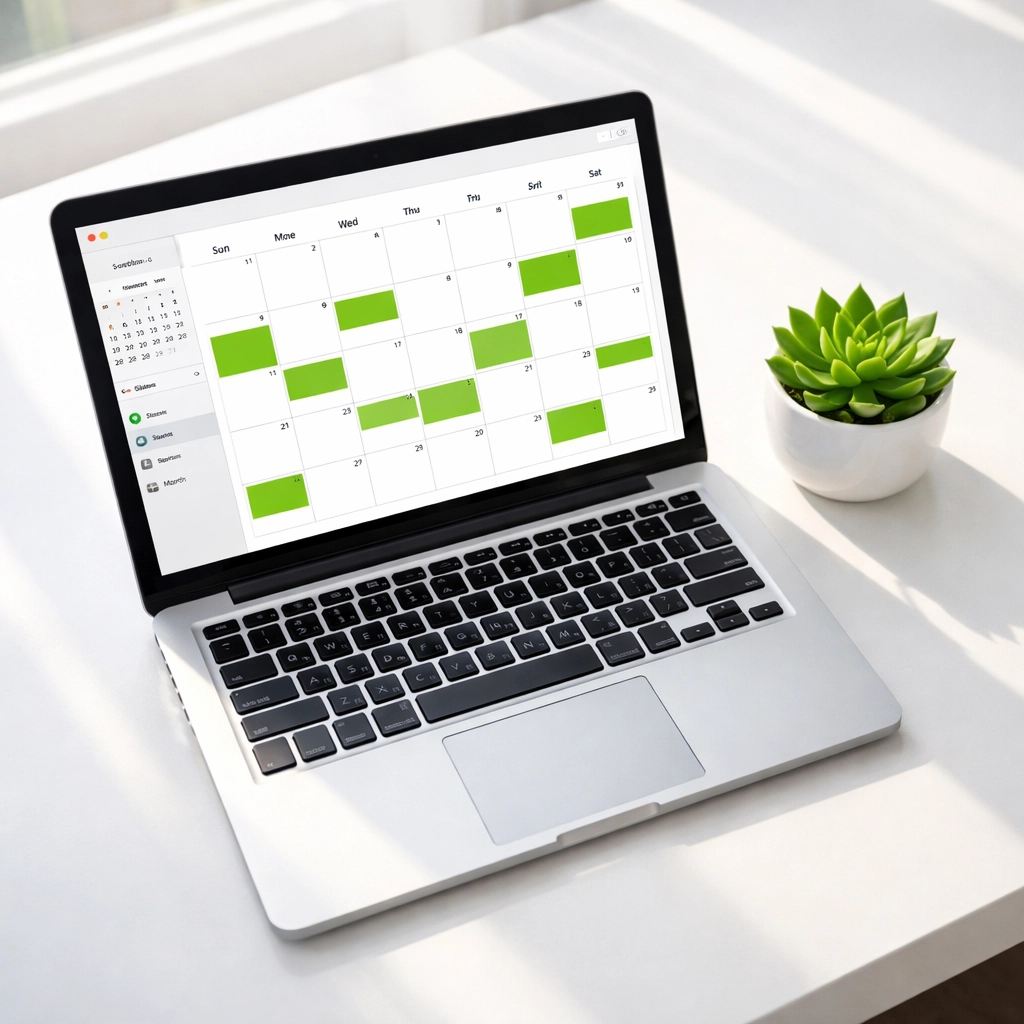 Laptop displaying a modern online booking calendar for a fitness or medical business.