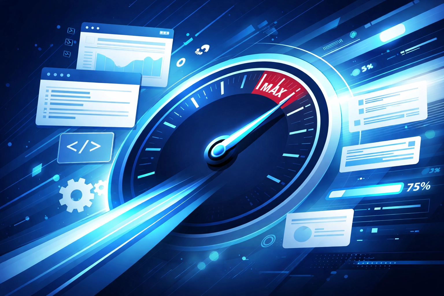 Speedometer graphic with website elements, symbolizing fast website performance and efficient SEO