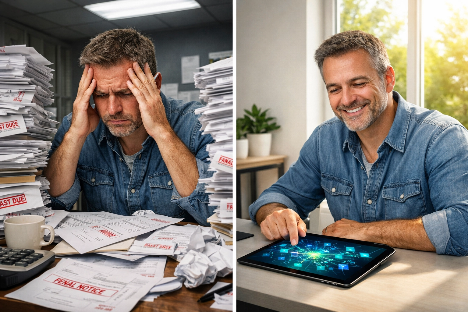 Merchant comparing traditional payment processing stress with streamlined Web3 blockchain payment savings