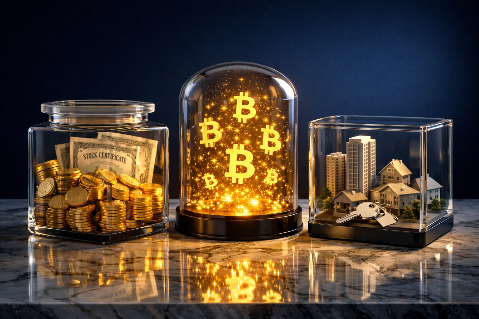 Three portfolio buckets showing traditional assets, Bitcoin, and real estate in 40/30/30 framework