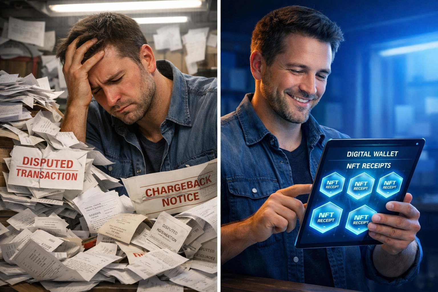 Merchant comparing paper chargeback disputes versus immutable blockchain NFT receipt verification