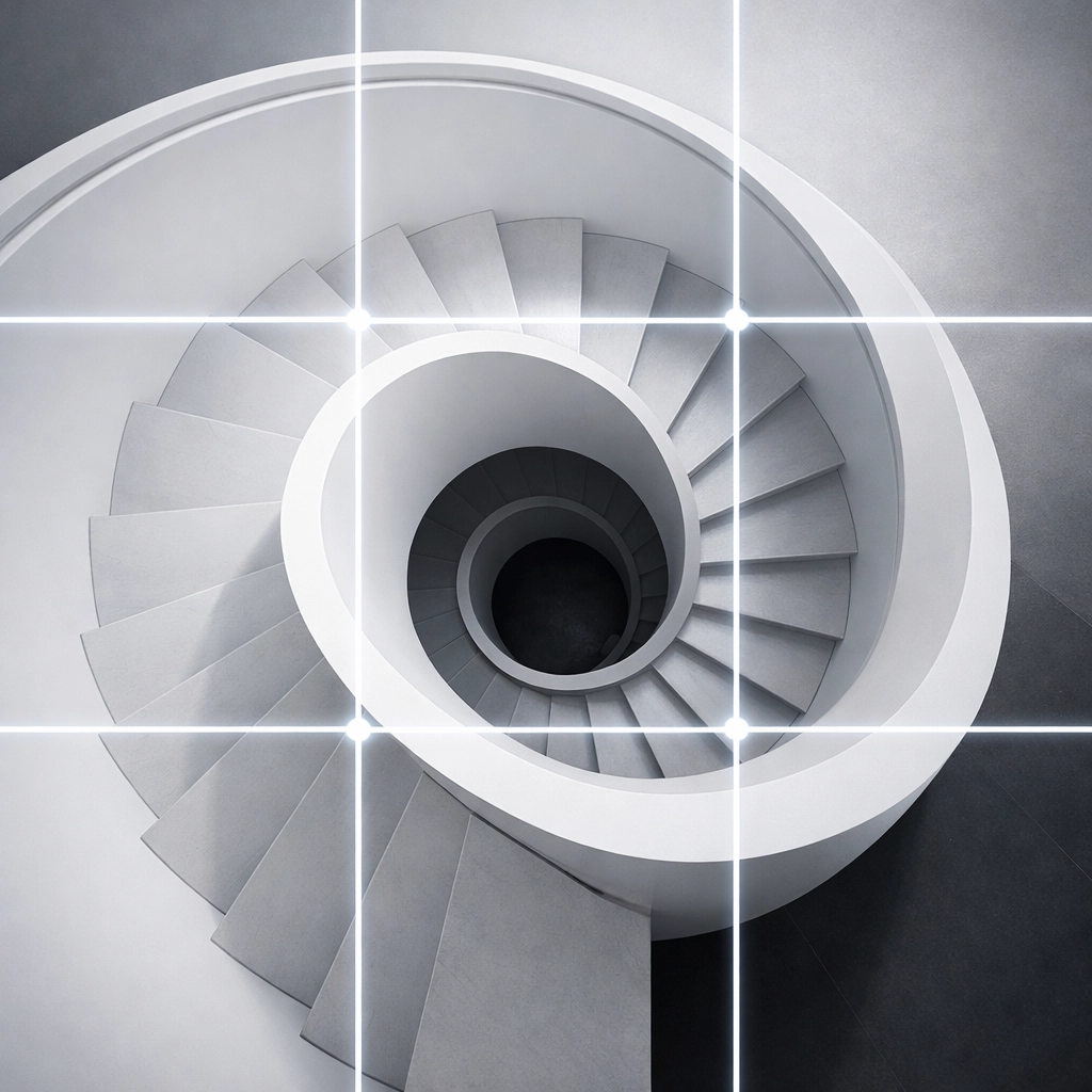 Architectural spiral staircase demonstrating the rule of thirds in photo editing tutorials for better composition.