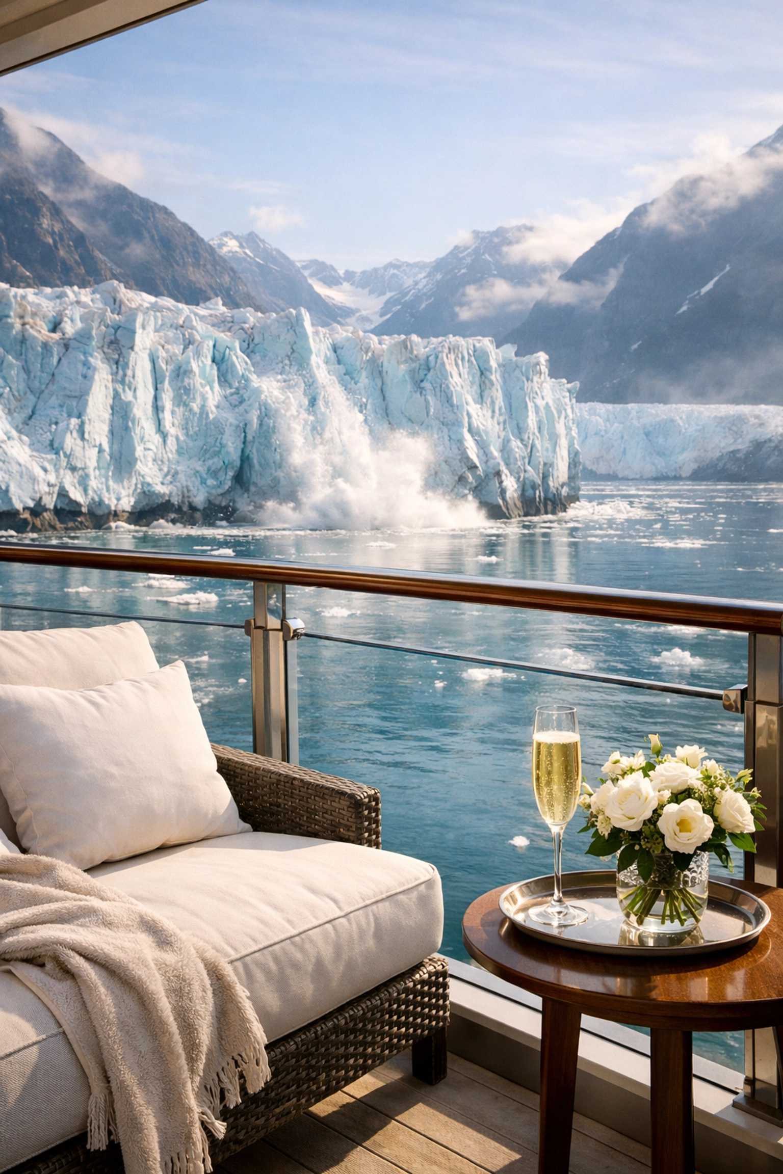 Private terrace with glacier views on Ritz-Carlton yacht suite in Alaska