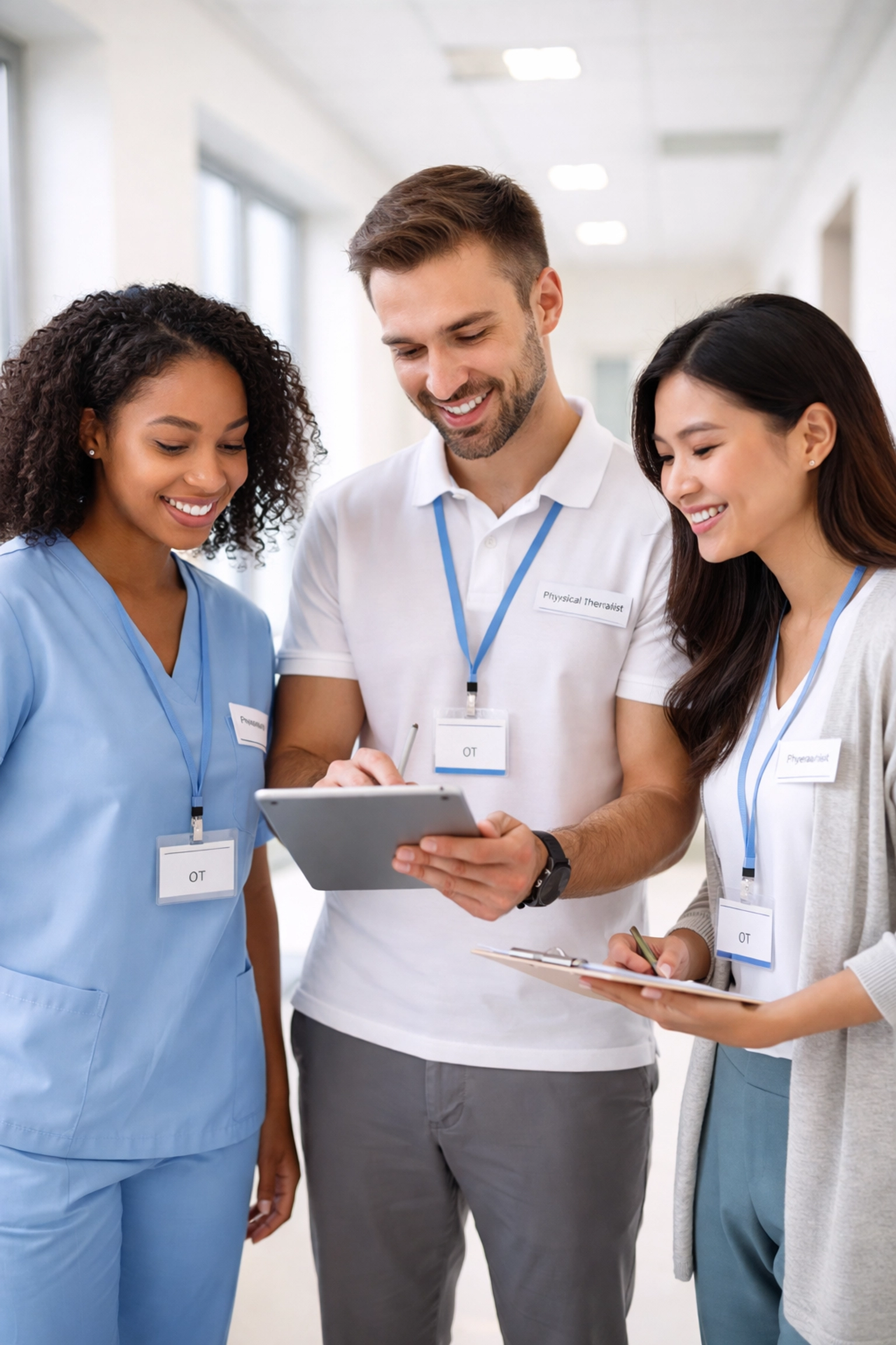 Therapy team collaborating on billing documentation and Medicare modifier requirements