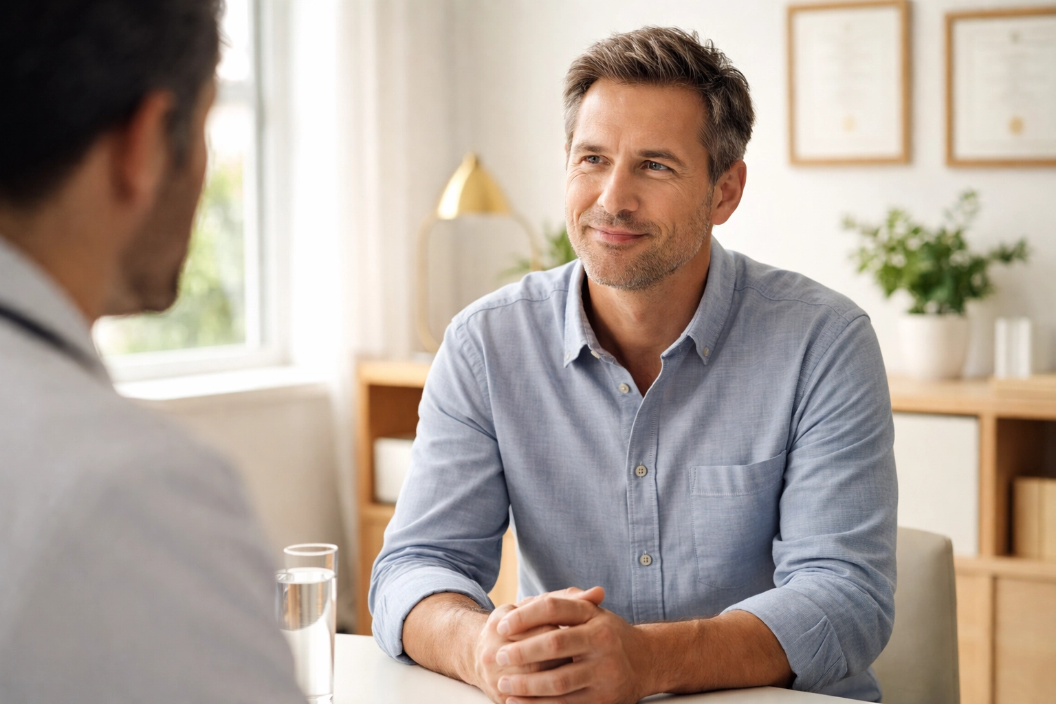 Middle-aged man consulting with a provider about testosterone therapy evaluation in Coral Gables clinic