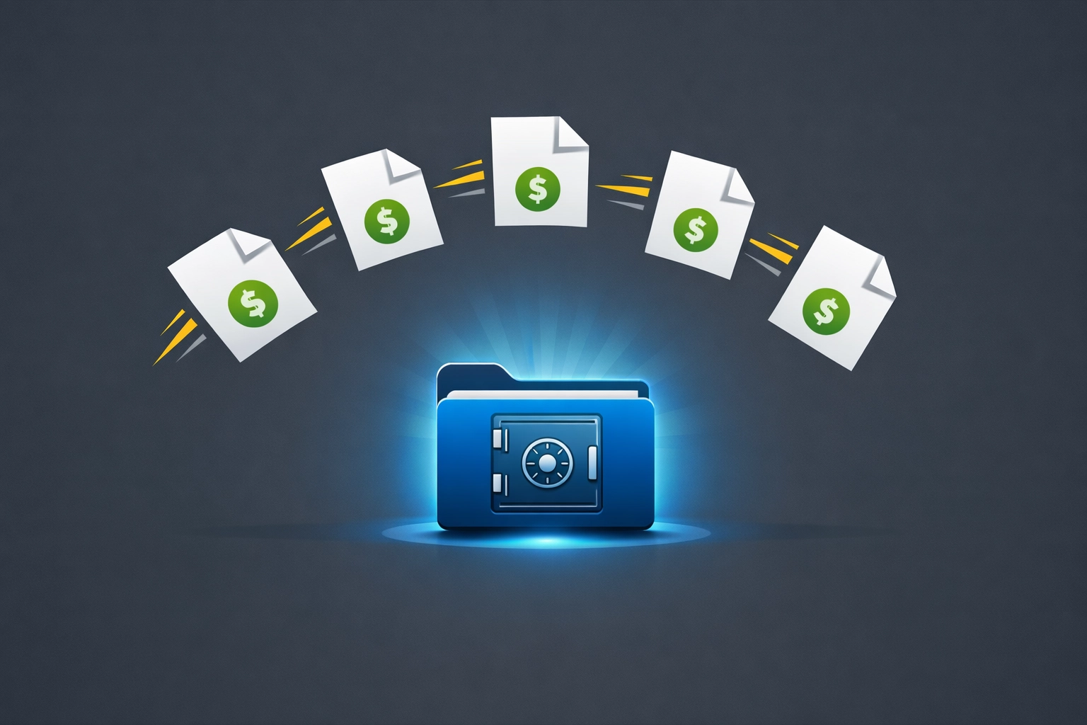 Digital documents flowing into a secure encrypted folder representing safe virtual tax filing.