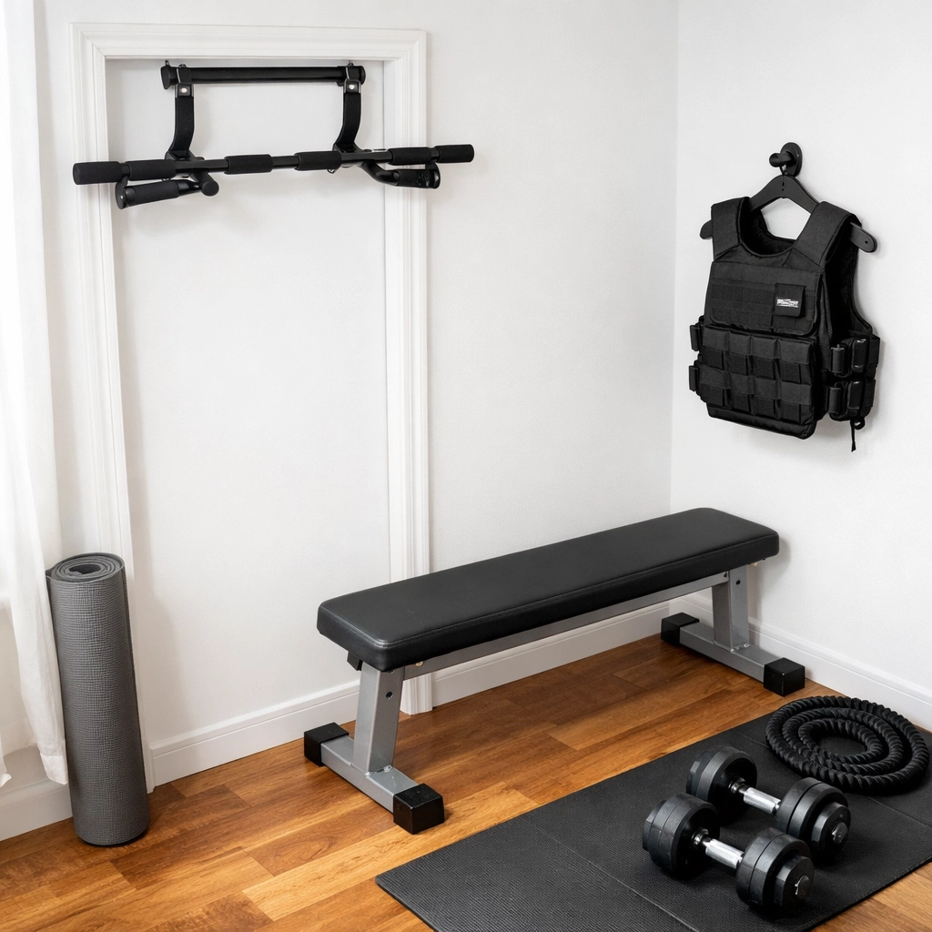 Espace home gym avec barre de traction, banc et gilet lesté pour circuit training
