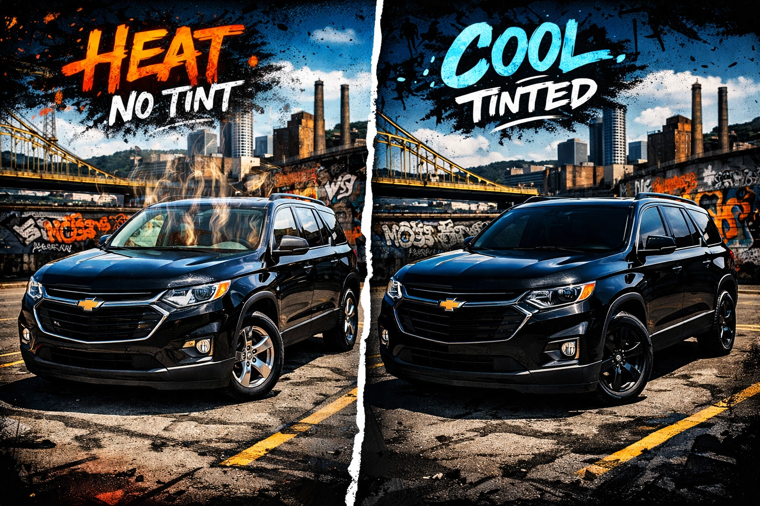 Comparison of vehicles with and without window tinting showing heat reduction benefits