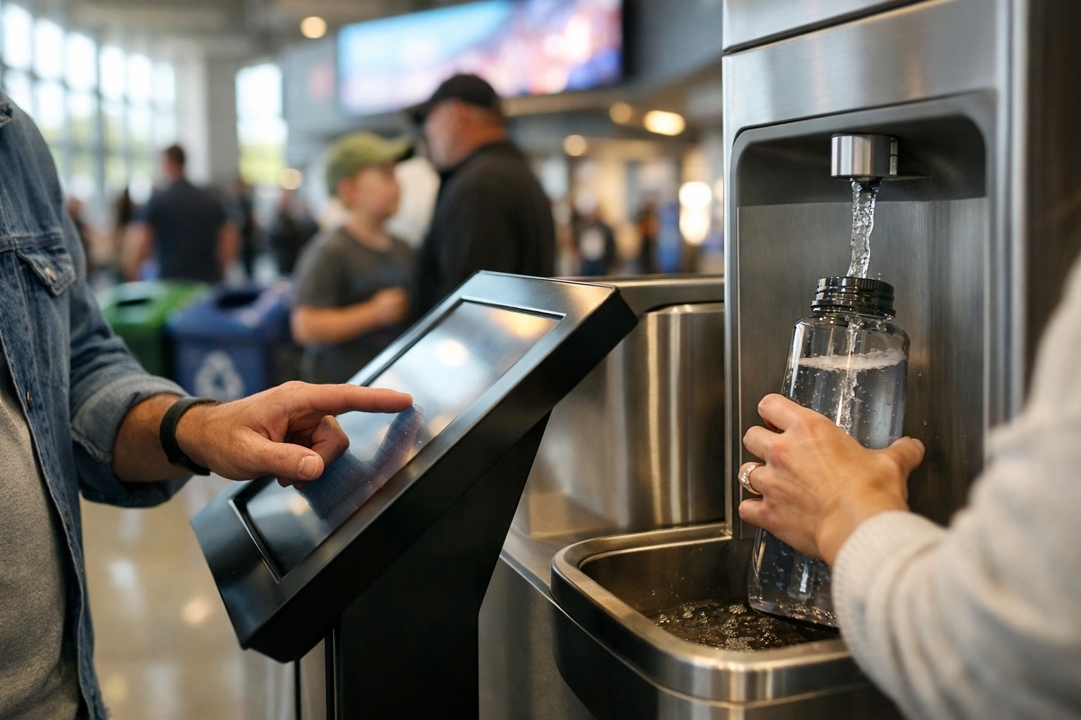 Venue guests using a touchscreen kiosk and bottle refill station supporting ESG branding and sustainability