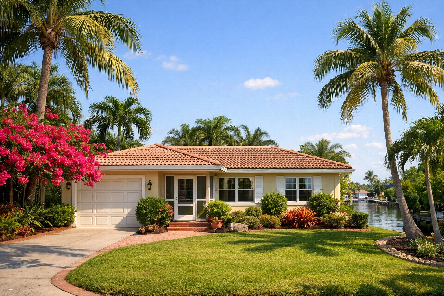 Traditional Old Florida ranch home in Southeast Cape Coral with tropical landscaping and canal access.