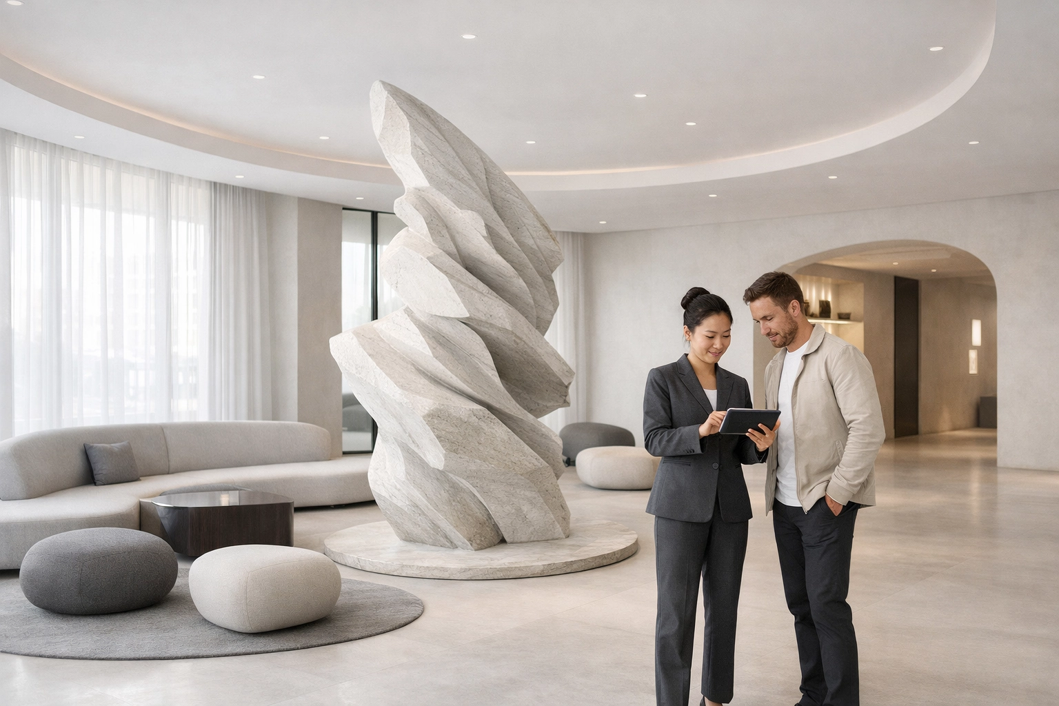 Hotel staff assisting a guest in a modern, desk-less lobby using a mobile tablet for check-in.