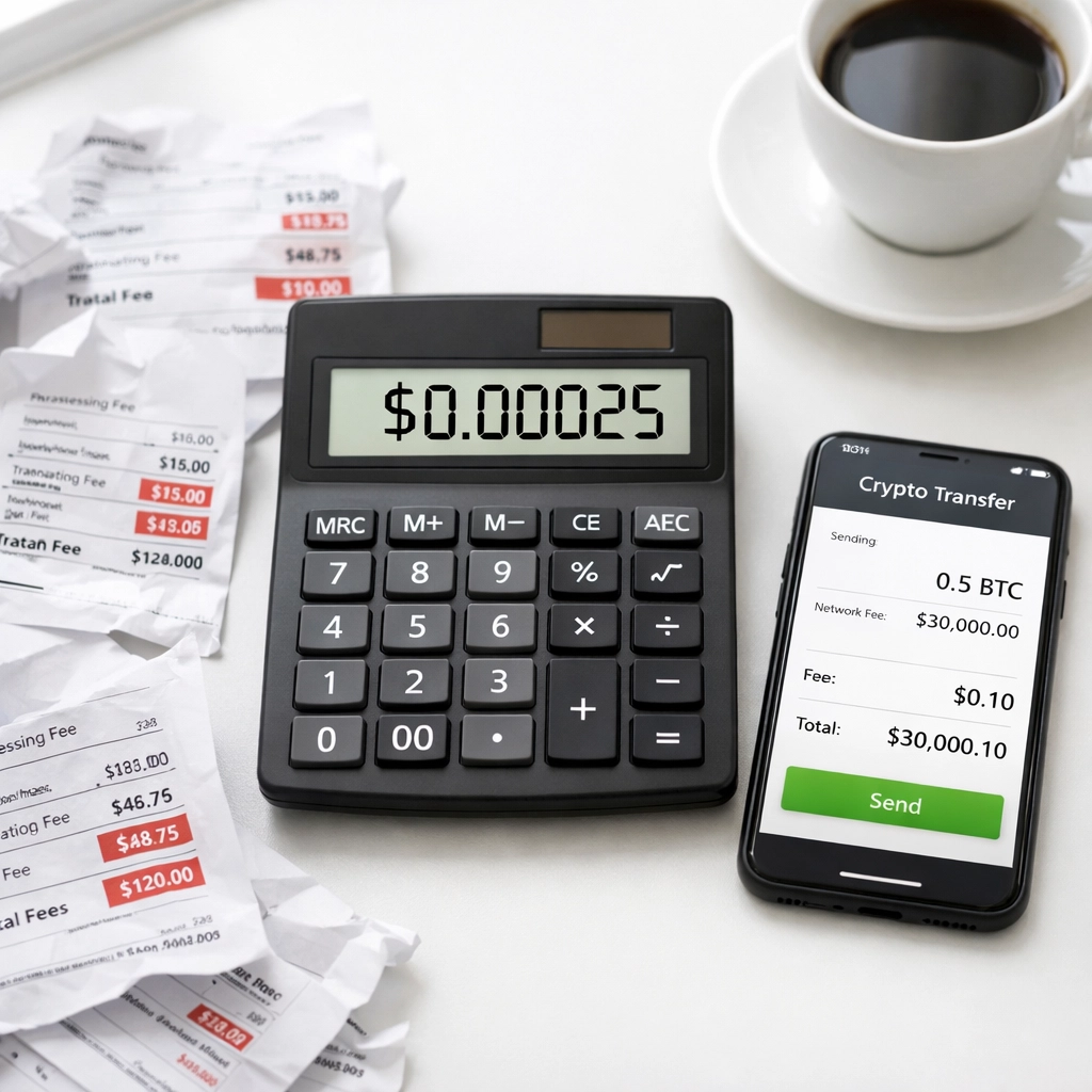 Crypto gas fees of $0.00025 on calculator next to expensive traditional payment processor invoices