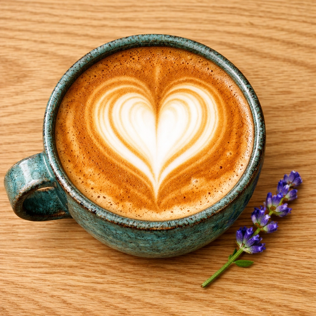 A professional latte art heart in a teal ceramic cup showing rich hazelnut coffee crema.