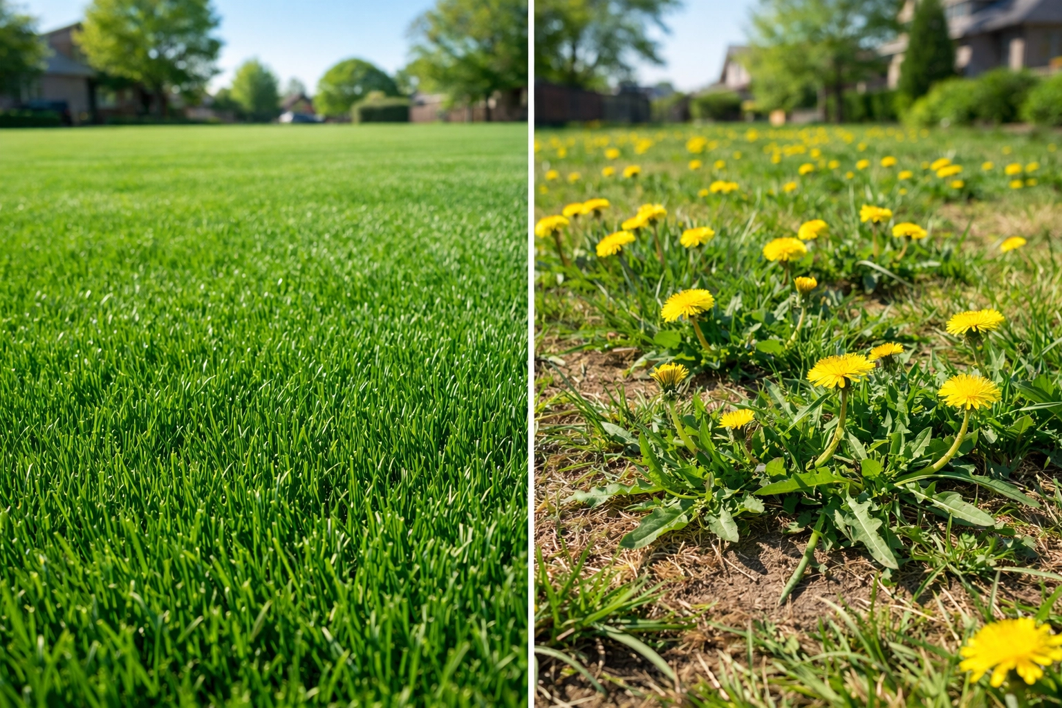 Comparison of a thick weed-free lawn and a patchy yard overtaken by dandelions and crabgrass.