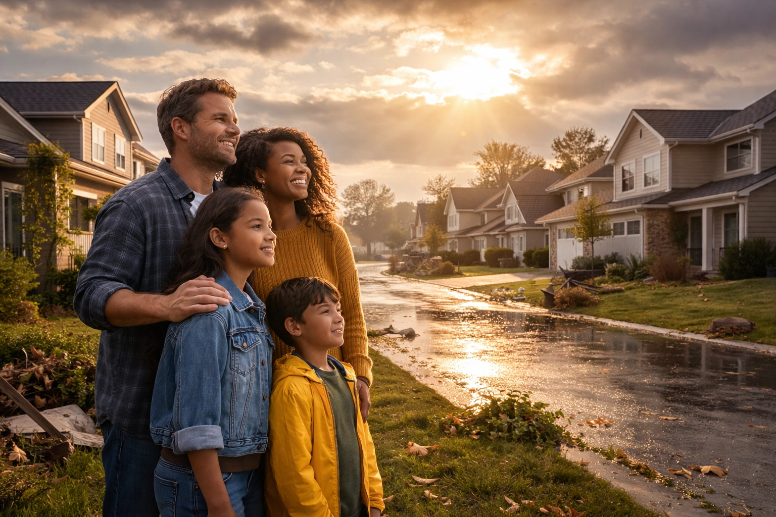 Family surveying property after a storm, illustrating disaster recovery and insurance support for resilience